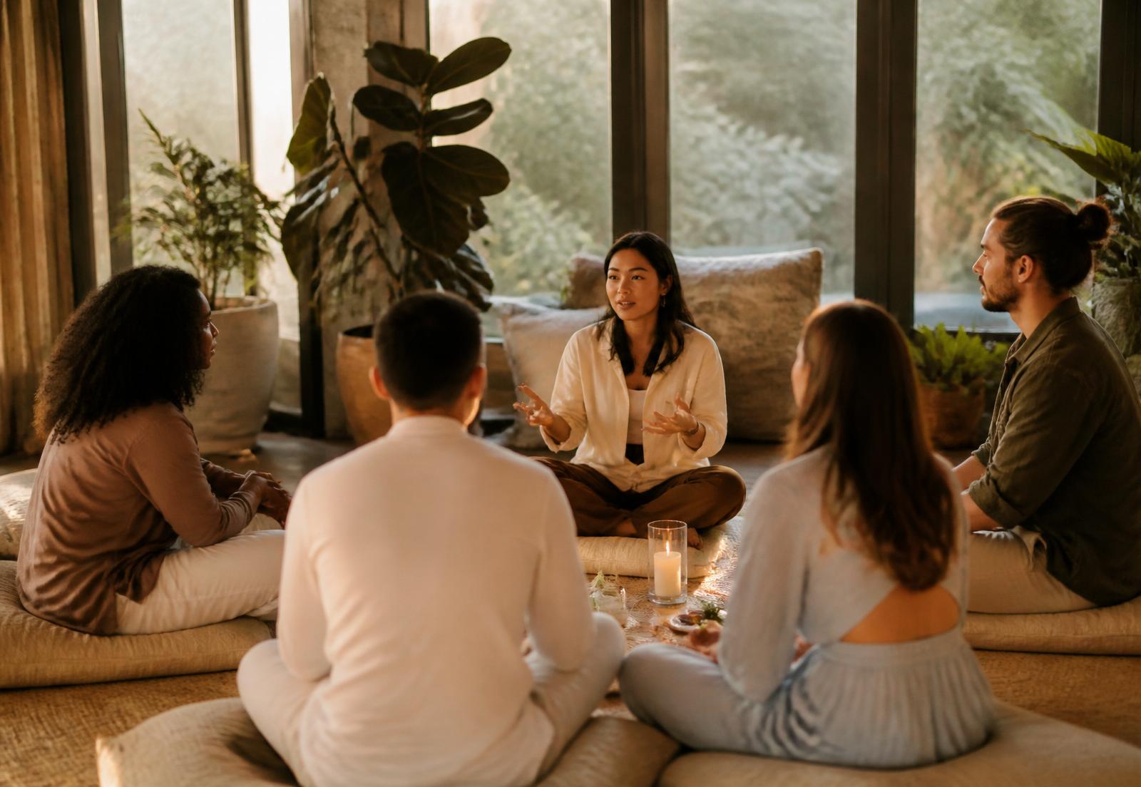 A small, warm circle of people gathered in conversation at golden hour